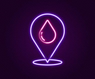 Siyah arkaplanda izole edilmiş konum simgesiyle parlayan neon hattı su damlası. Renkli taslak konsepti. Vektör