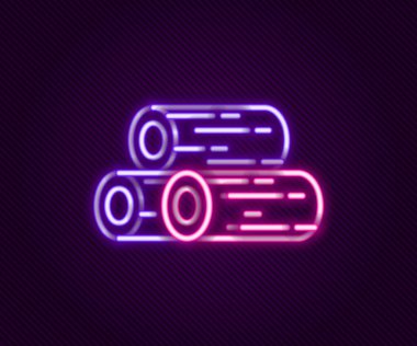 Parlayan neon hattı tahta kütük simgesi siyah arkaplanda izole edildi. Yakacak odun yığını. Renkli taslak konsepti. Vektör