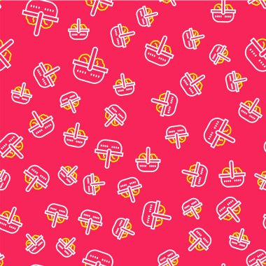 Hat alışveriş sepeti ve yiyecek ikonu kırmızı arka planda izole edilmiş pürüzsüz desen. Yiyecek dükkanı, süpermarket. Vektör