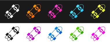 Siyah ve beyaz arka planda izole edilmiş Longboard veya kaykay kruvazörü simgesini ayarlayın. Olağanüstü bir spor. Spor malzemeleri. Vektör