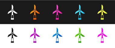 Rüzgar türbini simgesini siyah ve beyaz arkaplanda izole et. Rüzgar jeneratörü işareti. Elektrik üretimi için yel değirmeni. Vektör