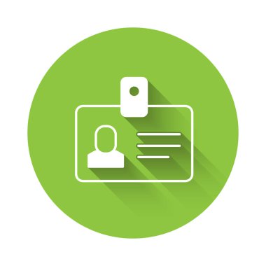 White Identification badge icon isolated with long shadow background. It can be used for presentation, identity of the company, advertising. Green circle button. Vector