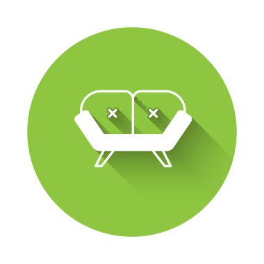White Sofa icon isolated with long shadow background. Green circle button. Vector
