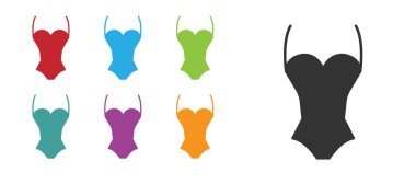 Siyah Yaz plaj mayo ikonu beyaz arka planda izole edilmiş. Plaj kadını modası. Simgeleri renklendirin. Vektör