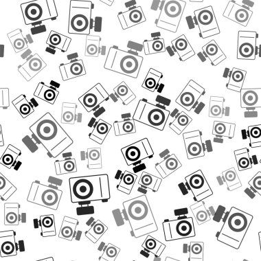Siyah fotoğraf makinesi simgesi beyaz arkaplanda izole edilmiş kusursuz desen. Foto kamera. Dijital fotoğrafçılık. Vektör