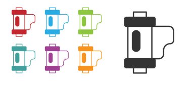 Siyah Kamera klasik film rulo kartuş simgesi beyaz arka planda izole edildi. 35 mm 'lik film kutusu. Film şeridi fotoğrafçı ekipmanı. Simgeleri renklendirin. Vektör