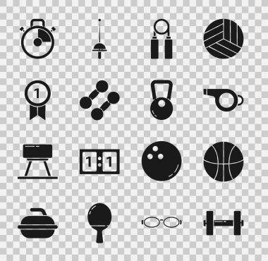 Set Dumbbell, Basketbol, Whistle, Spor açıcı, Madalya, Stopwatch ve Kettlebell ikonu. Vektör