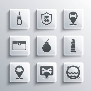 Konum korsanı, deniz manzaralı gemi penceresi, deniz feneri, patlamaya hazır bomba, antik hazine sandığı, darağacı halatı asılı ve ikon. Vektör