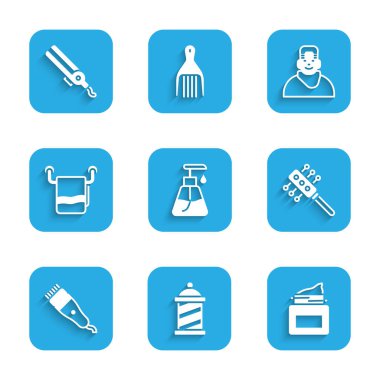 Krem kozmetik tüpü, berber dükkânı direği, kavanoz, saç fırçası, elektrikli saç makası, askıda havlu, berber dükkanındaki müşteri ve saç kremi ikonu. Vektör