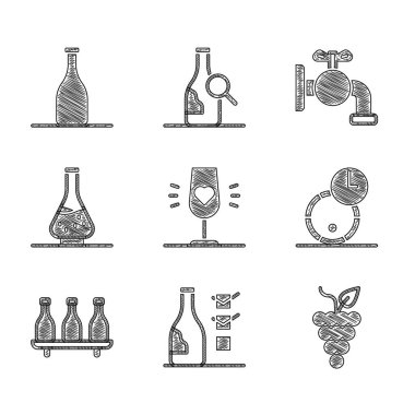 Şarap kadehi, bir şişe şarap, bir demet üzüm, tahta fıçı, Decanter, Tap ve ikon. Vektör