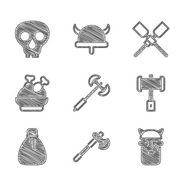 Ortaçağ kutup baltası, tahta kafa, Viking kafası, Savaş çekici, eski para çantası, kızarmış hindi veya tavuk, kürek kürekleri tekne ve Kafatası ikonu. Vektör