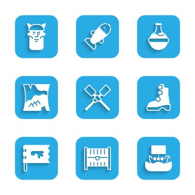 Kürekleri ya da kürekleri, antika hazine sandığını, Viking gemisi Drakkar 'ı, Eski Viking botlarını, bayrağı, katlanmış haritayı, iksirli şişeyi ve kafa ikonunu ayarla. Vektör