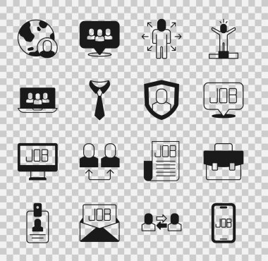 Arama işini ayarla, Evrak Çantası, Çoklu Görev Yöneticisi çalışıyor, Tie, Proje ekibi üssü, Globe ve insanlar ve Kullanıcı koruma simgesi. Vektör