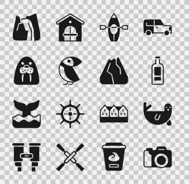 Fotoğraf makinesi, fok hayvanı, votka şişesi, kano ve kürek, Albatros, Walrus, Şelale ve Dağlar ikonu. Vektör