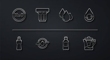 H2O, şişe su, temiz su, cam ile geri dönüşüm, su testi filtresi ve ikonu için kimyasal formül ayarla. Vektör