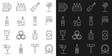 Sıraya dizilmiş tahta fıçı, bira kutusu, barlı sokak tabelası, açılmış şarap şişesi, şarap bardağı, bira bardağı ve şişe açacağı ikonu. Vektör