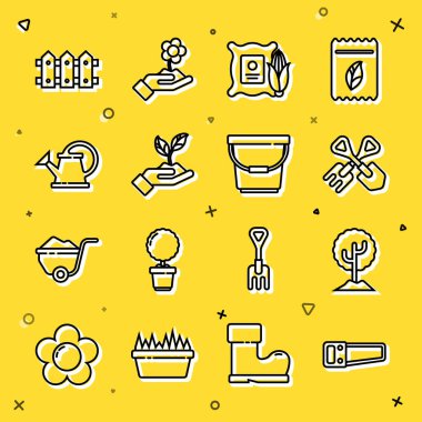 El testeresi, ağaç, kürek tırmığı, çuvaldaki mısır, çevrenin bitki eli, su kovası, bahçe çiti ahşabı ve kova ikonu. Vektör