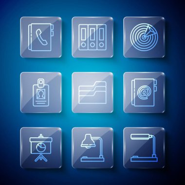 Chalkboard 'u diyagram, masa lambası, hedef spor, belge klasörü, kimlik kartı, adres defteri ve simgesi ile ayarla. Vektör