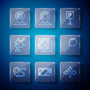 Hat güzergahını, haritalı GPS cihazını, trafik işaretini, park yerini, katlamayı, Radar 'ı, konumunu ve pin simgesini ayarla. Vektör