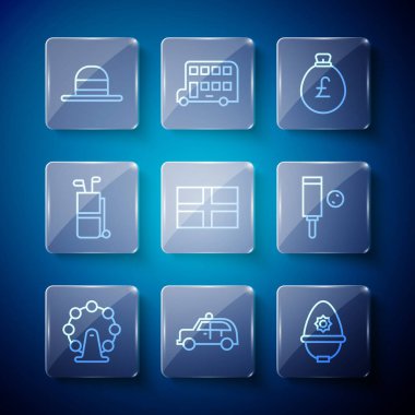 Londra 'nın gözü, taksi, İngiliz polis kaskı, sterlinli para çantası, İngiltere bayrağı, golf sopaları, zarif kadın şapkası ve kriket sopası ikonu. Vektör