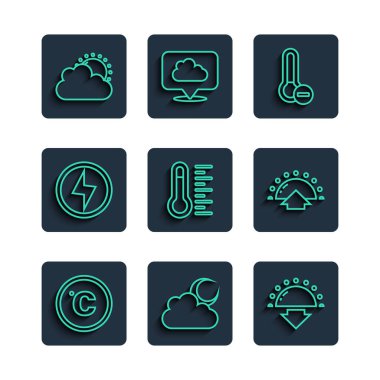 Celsius 'u, Bulut' u Ay 'ı, Günbatımını, Meteoroloji termometresini, Yıldırım Yıldırımını, Bulut' u ve Gün Doğumu ikonunu ayarla. Vektör