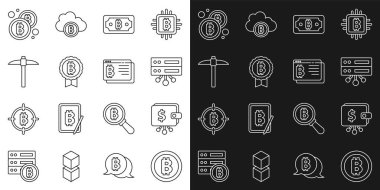 Satır Bitcoin, Kripto para birimi cüzdanı, Sunucu, bitcoin, Pickaxe ve tarayıcı simgesi ayarla. Vektör