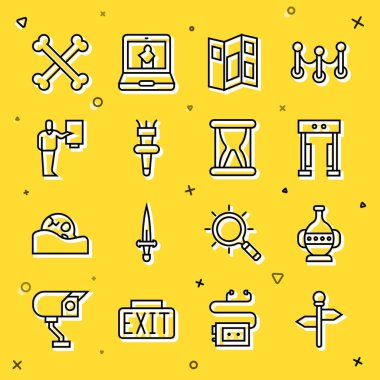 Yol trafik levhası, Antik amforalar, metal dedektör, müze rehberi broşürü, meşale alevi, çapraz insan kemikleri ve kum ikonlu eski kum saati. Vektör