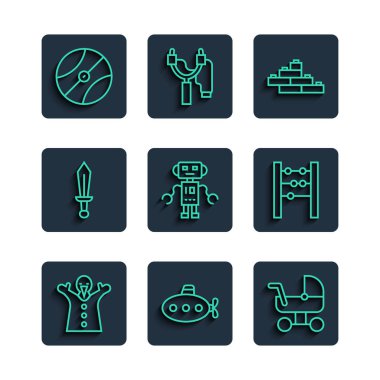 Sırada oyuncak bebek, denizaltı oyuncağı, bebek arabası, taş tuğlalar, robot, kılıç, basketbol topu ve abaküs ikonu var. Vektör