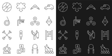Çizgili paten, abaküs, Whirligig oyuncağı, bumerang, basketbol sedyesi, Yoyo ve Fidget spin ikonu. Vektör