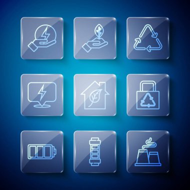 Batarya, Fabrika, Geri Dönüşüm sembolü, çevre dostu ev, yıldırım ve geri dönüşüm ikonlu kağıt torba. Vektör