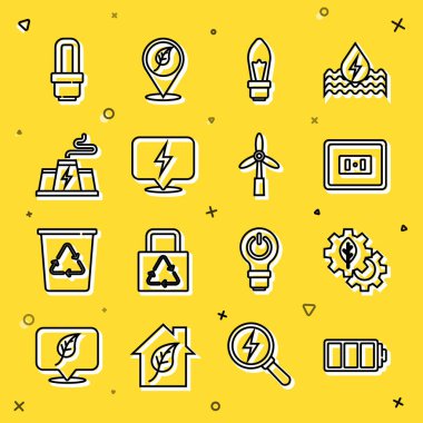 Hat pili, vites makinesindeki yaprak fabrikası, elektrik prizi, ampul, yıldırım, elektrik santrali fabrikası, LED ışığı ve rüzgar türbini ikonu. Vektör
