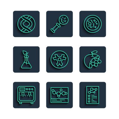 Biyolojik koruma kutusu, kimyasal formül, klinik kayıt, bakterili Petri kabı, biyolojik tehlike sembolü, bitki yetiştirme, DNA ve biyolojik yapı ikonu. Vektör