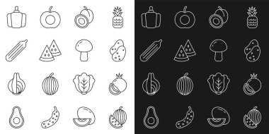 Karpuz, domates, patates, erik meyvesi, salatalık, dolmalık biber ve mantar ikonu. Vektör