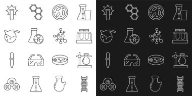 Çizgi DNA sembolü, deney tüpü şişesi, bakteri, radyasyon, kimyasal patlama ve molekül ikonu içeren Petri kabı. Vektör