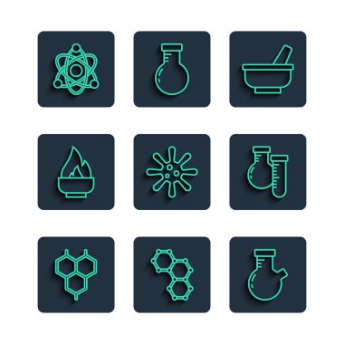Chemical formülü, test tüpü ve matarası, havan topu, bakteri, alkol ruhu yakıcı, atom ve ikon. Vektör