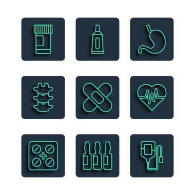 Poşetteki çizgi hapları, tıbbi şişeyi, ampulü, serum torbasını, insan midesini, çapraz bandaj bandını, omurgayı, ilaç şişesi haplarını ve kalp atış hızı ikonunu hazırlayın. Vektör