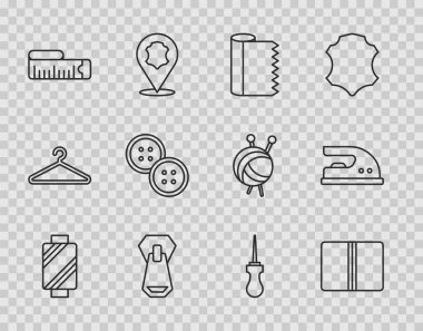 Makara, tekstil kumaş rulosu, fermuar, mezura, düğme, Awl aracı ve elektrikli ütü simgesine çizgi ipliği yerleştir. Vektör