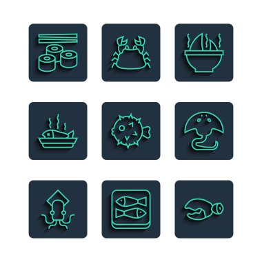 Ahtapot, konserve balık, ıstakoz ya da yengeç pençesi, köpekbalığı yüzgeci çorbası, balık kirpisi, tabakta servis edilen suşi ve Stingray ikonu. Vektör