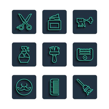 Sıra Bıyık, Saç fırçası, Paspas, Kuaför tabancası sprey şişesi, Tıraş, Makas Kuaförü ve Elektrik Kırpıcı ikonu. Vektör