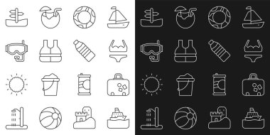 Gemi, bavul, mayo, lastik yüzme yüzüğü, can yeleği, dalış maskesi, trafik ışığı ve bir şişe su ikonu. Vektör