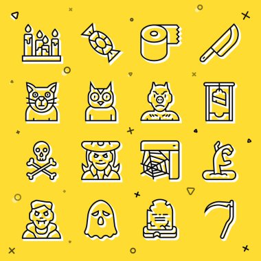 Çizgi, Tırpan, Zombi eli, Giyotin, Tuvalet kağıdı rulosu, Baykuş Kuşu, Kedi, yanan mum ve Krampus, cehennem ikonu. Vektör