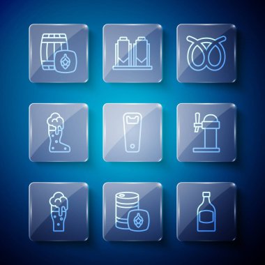 Bardak bira, metal fıçı, bira şişesi, Pretzel, şişe açacağı, bot camı, tahta fıçı ve Dispenser ikonu. Vektör