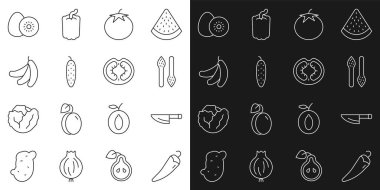 Sabit hat Hot chili biberi, bıçak, kuşkonmaz, domates, salatalık, muz, kivi meyvesi ve ikon. Vektör
