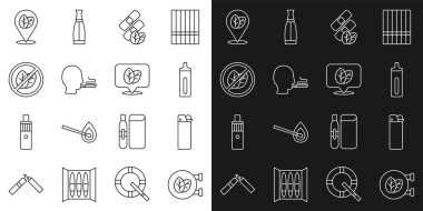 Sabit çizgi tütün yaprak dükkanı, çakmak, elektronik sigara, tıbbi nikotin bantları, sigara içen adam, tütün ve ikon yok. Vektör