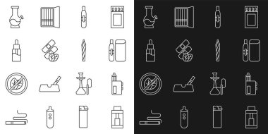 Vape mod cihazı, elektronik sigara, tıbbi nikotin bantları, sıvı şişe, nargile ve marihuana esrarı, sigara ikonu. Vektör