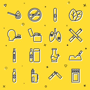 Kibrit kutusu ve kibrit kutusu, sigaralı kül tablası, sigara, çakmak, sigara içen adam, yanan ateş ve hastalık ikonu. Vektör