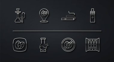 Nargile, Tütün yaprağı, Vape mod cihazı, Tütün yok, Bong, Puro ve Sigara ikonu. Vektör