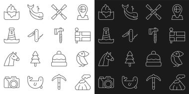 Hattı Volkan, Albatros, İzlanda Bayrağı, Kürek ya da kürek teknesi, İsviçre çakısı, Deniz feneri, Buzdağı ve tahta balta ikonu. Vektör