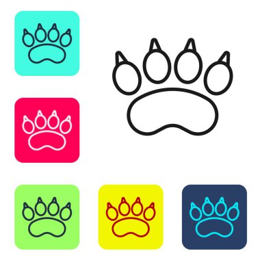 Siyah çizgi ayı patisi ayak izi simgesi beyaz arkaplanda izole edildi. Renkli kare düğmelerle simgeleri ayarla. Vektör