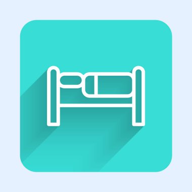 Beyaz çizgi yatak simgesi uzun gölge arkaplan izole. Yeşil kare düğmesi. Vektör